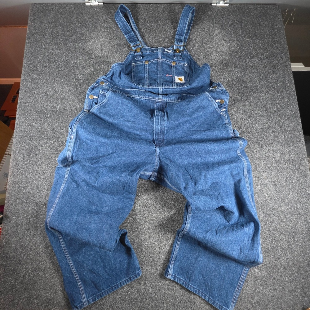 Carhartt Denim Bib Overalls Mens 44x28 Blue R07 DST Loose Fit Workwear